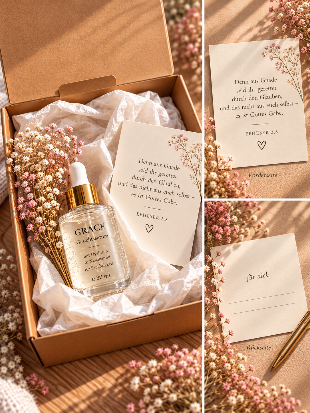 Geöffnete Geschenkbox mit GRACE Serum und einer Bibelvers-Karte