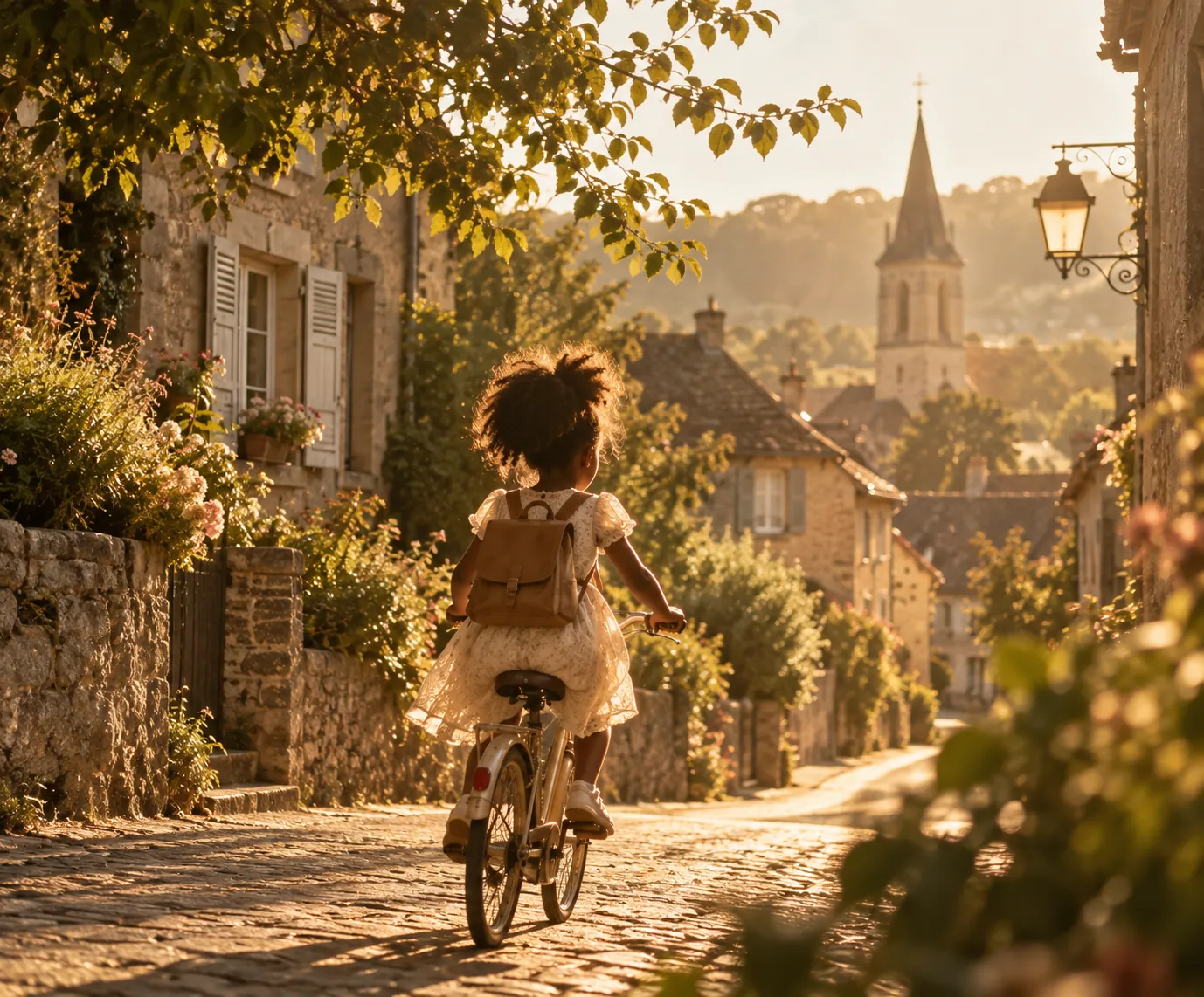Mädchen mit Fahrrad auf einer Dorfstraße im Abendlicht