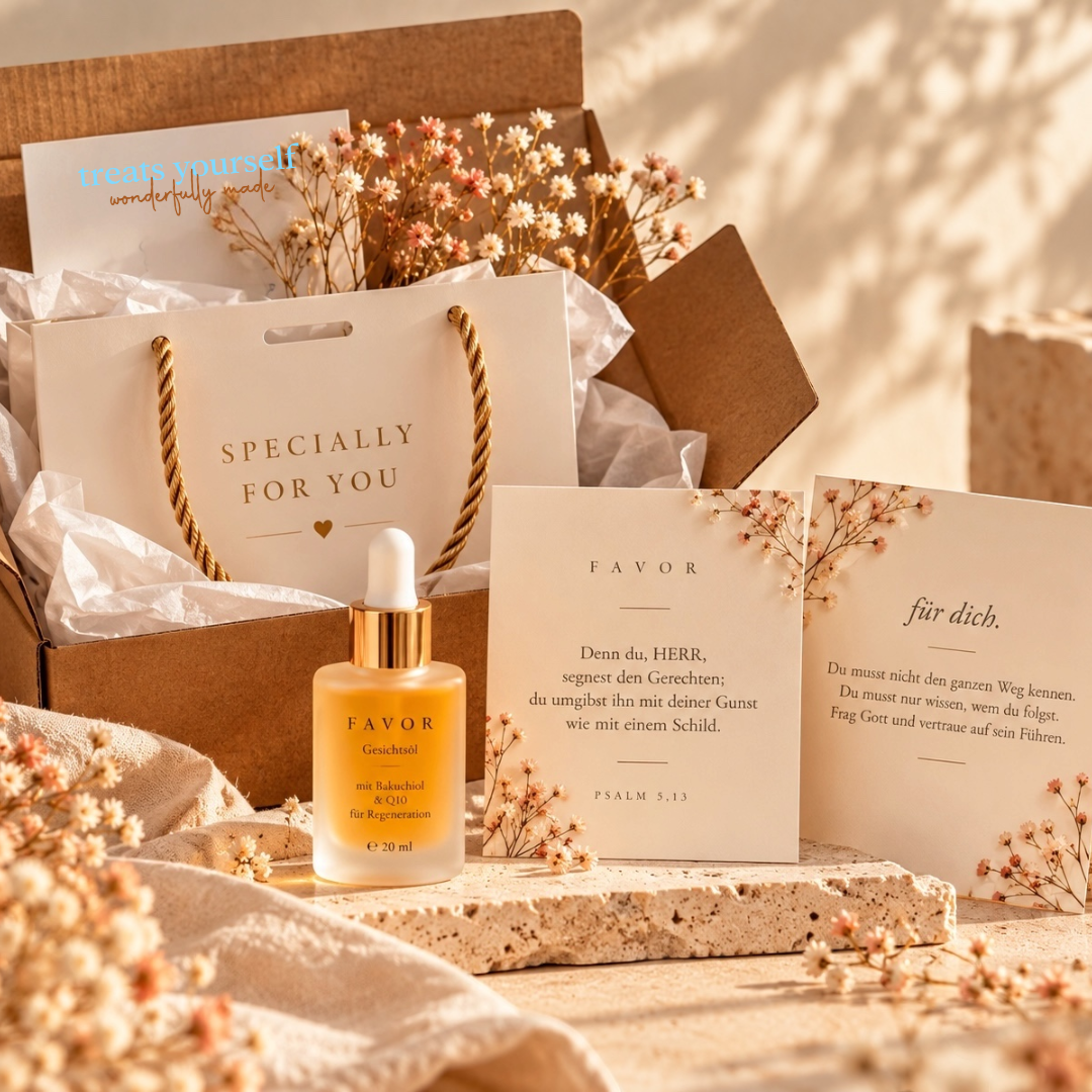 Geöffnete FAVOR Geschenkbox mit Papiertüte, Bibelvers-Karte zu Psalm 5,13 und „für dich.“-Karte