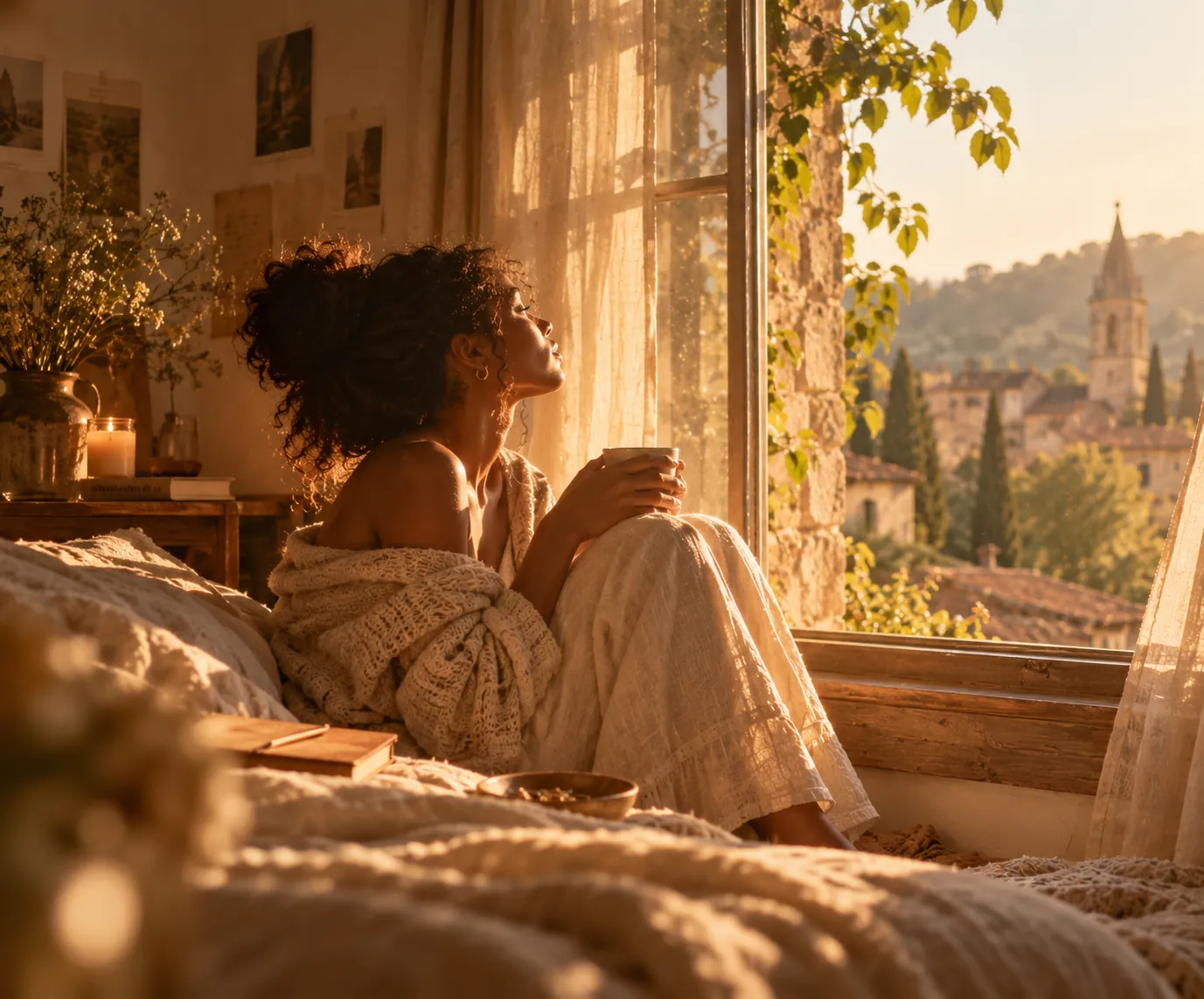 Frau mit Tasse am offenen Fenster im Morgenlicht